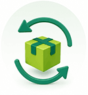 Reverse Logistics icon showing returned package with circular arrows