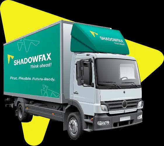 Shadowfax branded green logistics truck with slogan “Fast. Flexible. Future-Ready.”