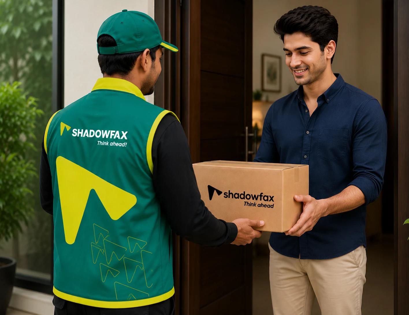 Shadowfax delivery personnel handing over a package at the doorstep